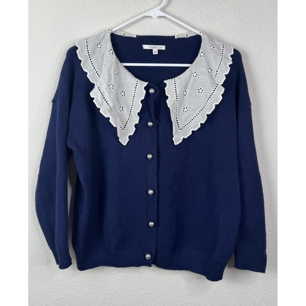 Olivia Rubin Courtney Cardigan XS Blue Peter Pan Collar Pearl Buttons Old‎ Money